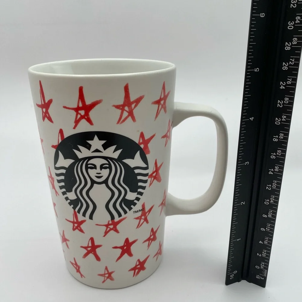 Starbucks 2014 Red Stars Ceramic Coffee Mug 16oz Grande Tall White Hand Drawn